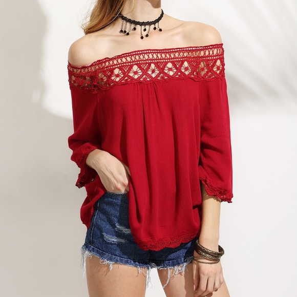 Tops - Red Bardot Crochet Lace Accent Off Shoulder Top